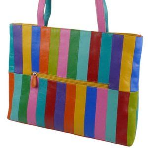 ILI New York Genuine Leather Bright Stripes Tote Bag for Work or Play